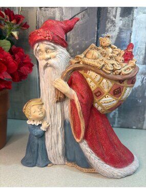 Vintage Rustic Old World Christmas Santa & Child Figurine Hand Painted Hobbyist